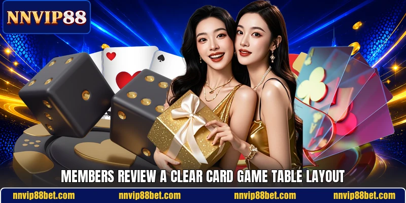 Members review a clear card game table layout Members review a clear card game table layout